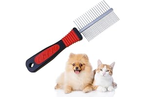 KATLKIU Peine para Perros y Gatos de Acero Inoxidable – Peine Doble Fila, Mango Antideslizante, Elimina Nudos y Subpelo, Ideal para Pelo Largo o Medio