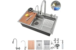 Bokaiya Évier de Cuisine, Cascade Multifonction, Evier de Cuisine à Comptoir Raindance Professionnel Lavabo Acier Inoxydable avec Lave Verre & Robinet Extractiblen Haute Pression Argent 85x45x21cm