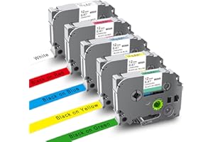 UNOKA Compatible for Brother Label Printer Tape 12mm Tze Tze-231 431 531 631 731, Black on White/Red/Blue/Yellow/Green for Brother Ptouch PT-E110 H107B H110 Label Makers, 5-Pack