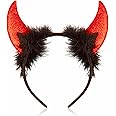 3HA HAHAHA Horns Headband Devil Horns With Fur Devil Ear Head Boppers Hair Hoop Cute Band For Kids Girls Adults Halloween Accessories Fancy Costume Cosplay Party Favors Red And Black (Pack Of 1)