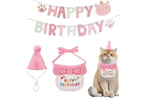 KASESSS 3 Pezzi Cappello per Compleanno Gatto Set, Cappello per Cani Compleanno, Regolabili Bandana con Striscione Happy Birthday, Decorazioni per Feste con Gatti per Cani di Piccola Taglia Gatt Rosa