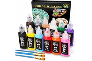 RATEL Porzellanfarbe Set, 12 x 22 ml Wasserdicht Keramikfarben + 3 Pinselstift, Ideale Keramikfarben zum Bemalen von DIY-Bechern, Tassen, Tellern, Keramik, Hohe Abdeckung Acrylfarbense