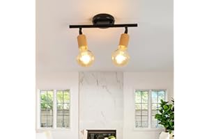 Lumiup Lustre Salon Vintage, Lampe de Plafond Industriel, E27 Luminaire Plafonnier Noir Métal, Plafonnier en Bois, Lustre Chambre, Porche, Couloir, Salle à Manger, 30 x 15 CM (Sans Ampoule)