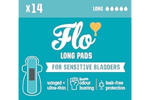 Flo Sensitive Bladder Bamboo Long Pads with Wings – Discreet, Ultra-Thin, Hypoallergenic - Medium Incontinence, Odour Control Protection - 14 Pads