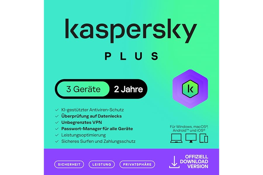 Kaspersky Plus Internet Security 2025 | 3 Geräte | 2 Jahre | Anti-Phishing und Firewall | Unbegrenzter VPN | Passwort-Manager