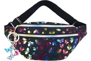 RHZXD Gürteltasche Kinder Mädchen, Schmetterlingsdruck Mode Wasserdicht Schwarz, Glitzer, Fügen Sie einen Schmetterlings Schlüsselanhänger hinzu