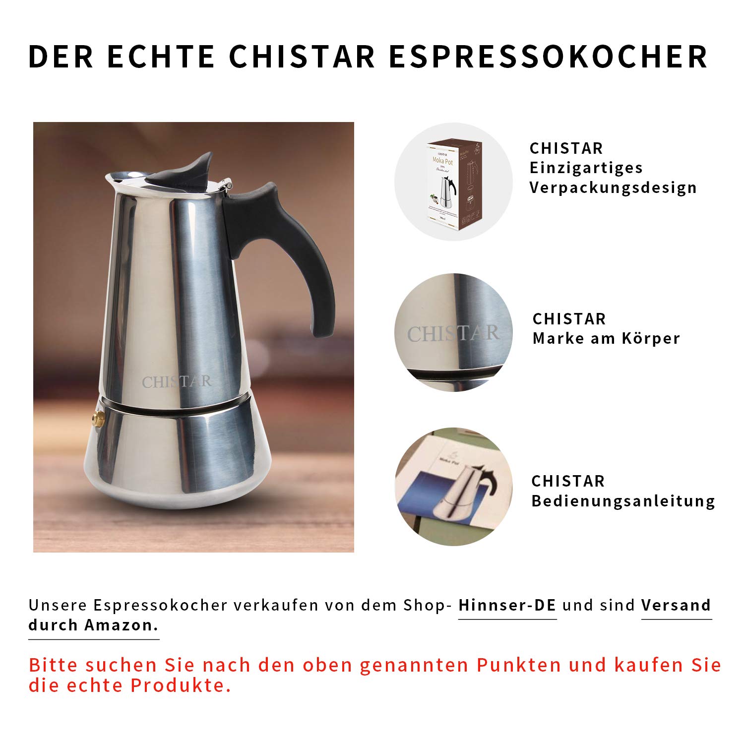 CHISTAR-Espressokocher-6-Tassen300ml-Kaffeekocher-aus-Edelstahl-Induktion-Geeignet