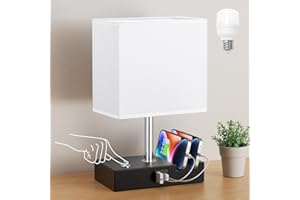 Seealle Touch Bedside Lamps with USB C+A Charging Ports 2 Phone Slots, 3-Way Dimmable Table Lamp, White Touch Bedside Nightstand Lamp with Linen Shade for Bedroom Living Room Study (LED Bulb Included)