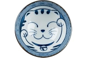 The Japanese Shop Lucky Cat Ceramic Japanese Rice Bowl, Blue, White (2076-1-34-BL)
