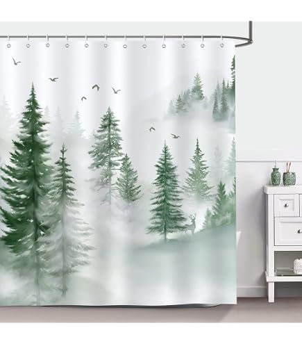 ABAKUHAUS Noël Rideau De Douche, Père Noël Renne, Tissu Ensemble De Décor De Salle De Bain Avec Crochets, 175 Cm X 200 Cm, Beige Vert Blanc