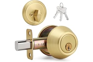 LOQRON Round Design Single Cylinder Deadbolt with Keys, Exterior Keyed Dead Bolt Lock for Front Entrance Door Security, Satin Brass