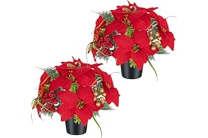 Memobloom Grave Flower Pots for Christmas: 2 Pcs Artificial Flowers for Graves in Pot - Funeral Cemetery Red Poinsettia for Outdoor Decorations - Memorial Bouquet Arrangements for Xmas Graveside