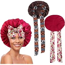 NCOALE 2 Stück Satin Schlafhauben Für Damen – Verstellbare Seidenhaube Zum Haarschutz (Braun & Rot)
