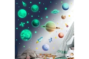 COCHIE Świecące gwiazdki samoprzylepne do pokoju dziecięcego, dla chłopców i dziewczynek, świecące gwiazdy świecące w ciemności, gwiaździste niebo, naklejka świecąca, naklejka na ścianę, astronauta, planeta,