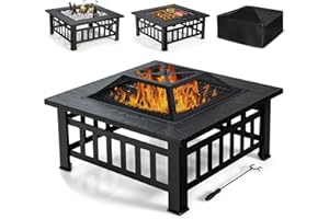 GOPLUS Brasero Exterior Jardin 3 en 1, Brasero Cuadrado de Hierro con Parachispas, Póker Largo, Rejilla para Barbacoa, Rejilla para Leña, Mesa Chimenea para Barbacoa Fogata Picnic Camping (Negro)