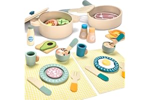 Aragallant Cocina de Juguete para Niños de Madera, Cocina Accesorios Juguete, Juego de Ollas y Sartenes Madera, Chef Juego de rol con Accesorios Cocinita para Niños 3+ Años Regalos