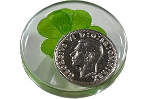 KIN-HEBI Real Four Leaf Clover Good Luck Pocket Token, Preserved, 3.2 cm, Including Sixpence coin (George VI)