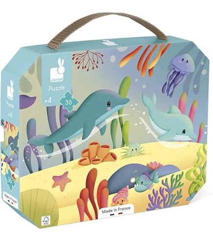Janod - Puzzle Bambini 100 Pezzi, Vita Sottomarina - Gioco Educativo Abilità Motorie e Concentrazione - Valigetta con Manico - Prodotto in Francia - Certificazione FSC - Da 6 Anni in Su, J02617