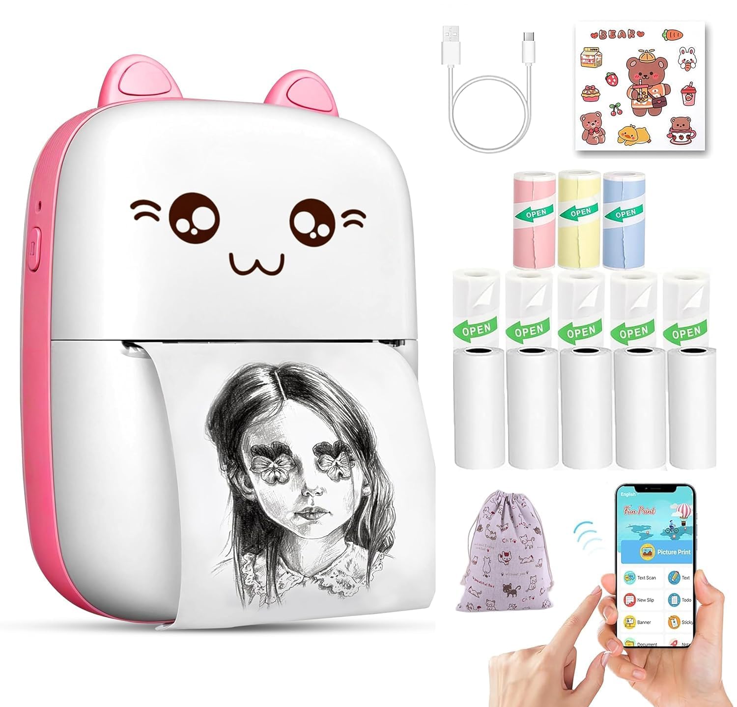 MOROVIK Mini Bluetooth Thermal Printer, Portable Label Printer Inkfree Printer for Android & iOS System, Black on White Therm