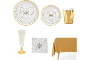OH YEAH - Kit Vajilla Desechable 12 Personas Nochevieja - 80 Piezas - Blanco y Oro - Platos, Vasos y Servilletas Fin de Año - Decoración Mesa Festivas Happy New Year - Detalles Dorados Metalizados
