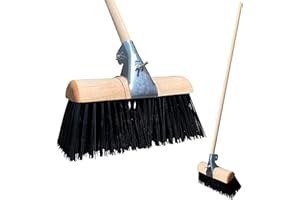 NEWMAN AND COLE Saddleback Yard Broom Outdoor Heavy Duty, 13” Saddle Broom Curved Top with PVC Bristles, Metal Clamp, and Long Wooden Handle, Hard Bristle for Stables & Farm Yards