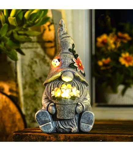 Gnomo Da Giardino A Energia Solare Con Luci LED E Vaso Di Fiori – Decorazione Esterna Regalo Originale, Grigio