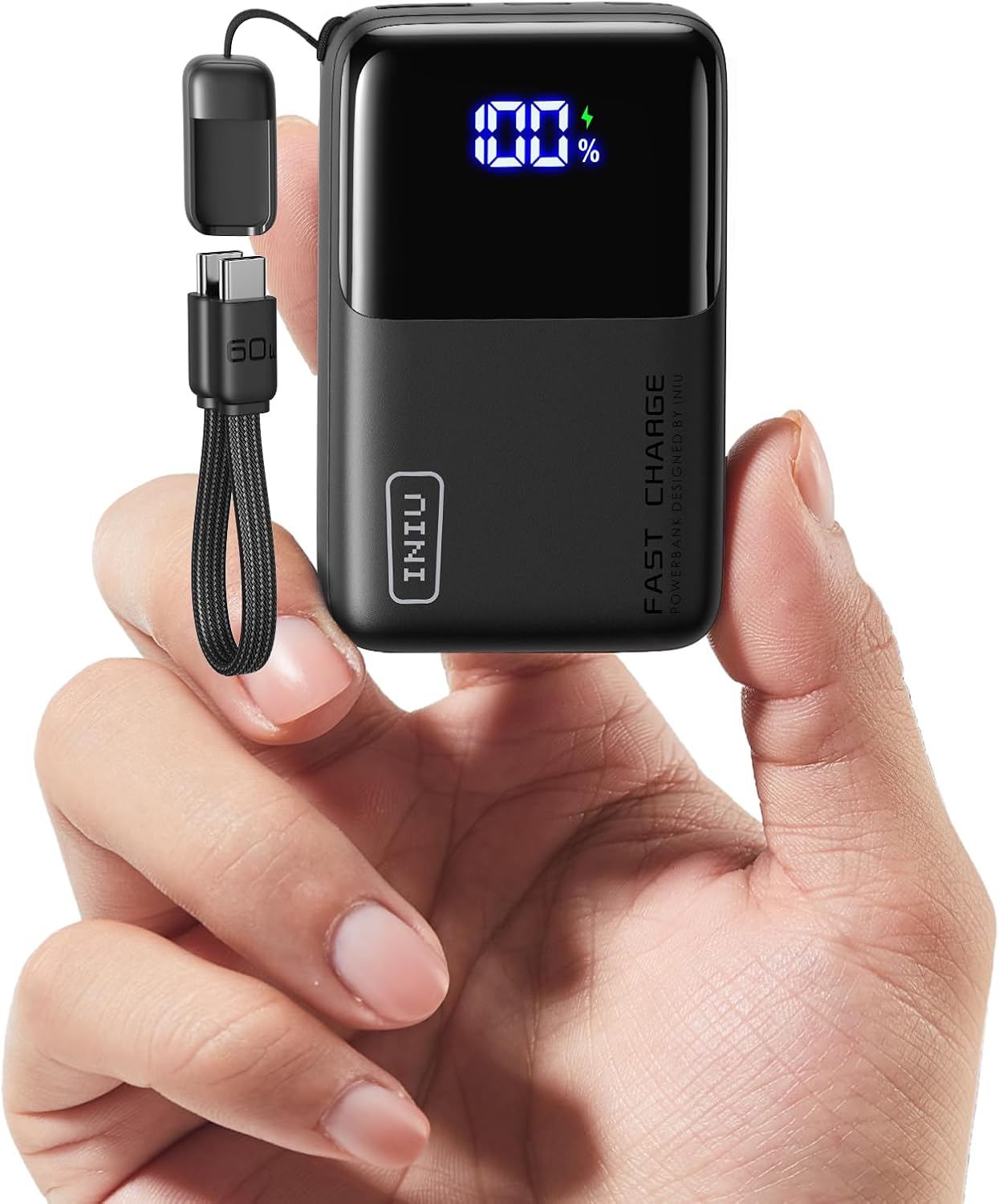 INIU Power Bank, 10000mAh Ultra Mini 45W Fast Charging Portable Charger with Attached USB C Cable, Small but Strong, Flight-Safe Battery Pack, Travel Essential for iPhone 17 16, Samsung S22, iPad etc
