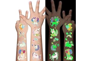 CHAWONER Unicorn Luminous Temporary Tattoos - 128pcs Safe & Non-Toxic Glow In The Dark Kids Tattoos Stickers for Girls' Party Favors & Gifts