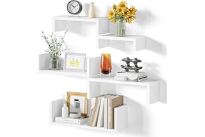 SRIWATANA Floating Shelves for Wall Set of 5, Wooden Wall Shelves for Wall Decor, Storage White Shelves for Bedroom, Living room, Bathroom, Kitchen Wall Mounted