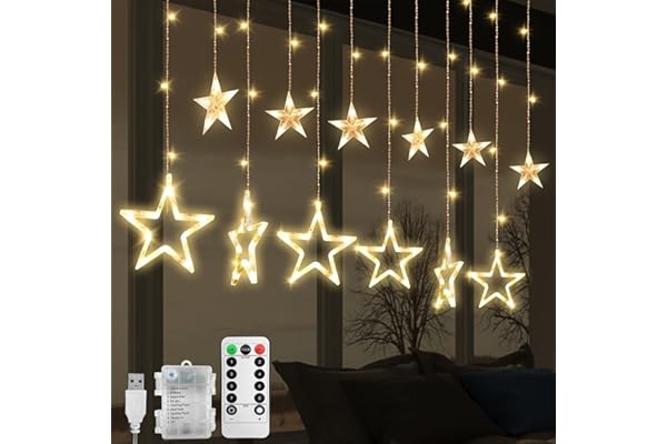 Cortina de luces con 12 Estrella, Guirnalda Luces de Navidad Decorativas 2.5m 138 LED, 8 modos de parpadeoLuces De Cortina De Ventana Blanco Calido, Decoración Para La Navidad (A - Blanco Cálido)