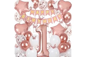 NELOTAOR 1st Birthday Decorations for Girls, Rose Gold 40 Inch Age 1 Foil Birthday Balloons with Happy Birthday Banner and Butterfly Stickers, for Baby Shower, Girls Women Birthday Party