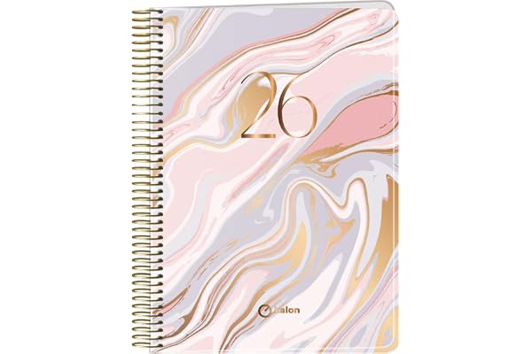 Q Kalon - Agenda 2026 - Vue Hebdomadaire Verticale, A5 (15x21 cm), Planificateur Multilingue (ESP, ANG, FR, ALL), Reliure Anneaux, Couverture Carton et Protection Plastique - Marble