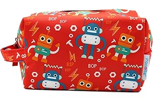 PONETTE - Neceser Infantil en Tejido Rojo con Divertidos Dibujos de Robots, Rayos y Tuercas, Niño, Niña, Viaje, Estuche, Bolsa, Piscina, Colegio, Marca Española
