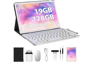 LINROM tablet 10 inch Android 13.0, 5G WiFi, Octa Core 2.0 GHz, 19GB RAM, 128 GB ROM, 8000mAh Battery, 5MP+8MP, FHD IPS, Bluetooth, GPS, Tablet with keyboard | Mouse | case| Pen (Gold)