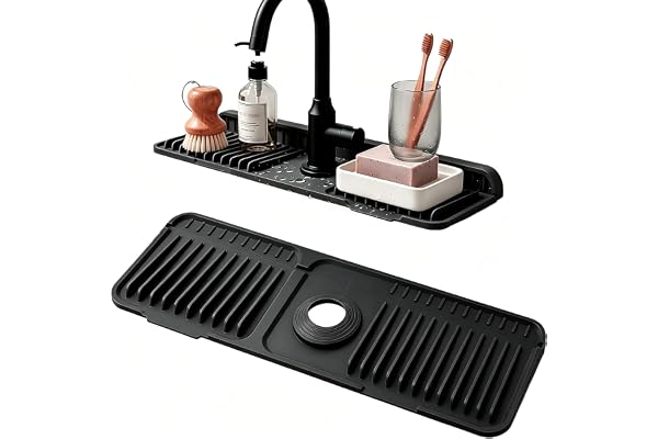 Splash Guard, droppmatta smal 45 x 14 x 21 cm, silikonvattenkran matta med knapp, 90° vikbar & kan skäras till, halkfri diskbänksskydd för kök och badrum
