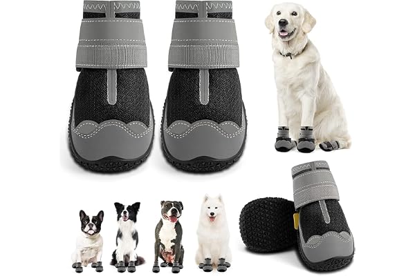 KUTKUT Dog Boots for Hardwood Floor Breathable Dog Shoes 1 Pair Pack of 4pcs Dog Booties with Reflective Anti-Slip Sole Outdoor Paw Protectors with Rubber Soles for Hiking & Running (Size: 8)