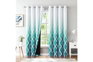 Beauoop Blackout Curtains for Living Room Teal Ombre Curtains 90 Inch Drop Geometric Print Eyelet Curtain for Bedroom Room Darkening Thermal Insulated Window Curtain Drapes 2 Panel