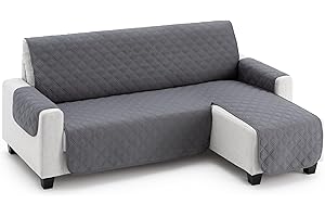 MAXIFUNDAS FUNDAS DE SOFA & CHAISE LONGUE MAXIFUNDAS Funda Sofá Chaise Longue Acolchado Brazo Derecho | Tamaño 240cm | Color Gris | Funda Cubre Sofá con Cintas Traseras | Funda Chaise Longue Modelo MAUI