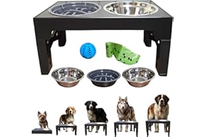 BASAMA ® Comedero Perro Elevado 5 Alturas, con 2 Platos de Acero y 1 comedero antivoracidad Perro + 1 Pelota Perros interactiva + 1 Rollo de Bolsas para excrementos| Apto para Todas Las Razas, Edades