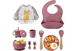 CUBTEM Baby Weaning Set,11PCS Silicone Baby Feeding Set with Suction Bowl and Baby Plate, Silicone Bib,Spoon,Fork & Sippy Cup,BPA Free Weaning Set, Baby Cutlery,Baby Gifts & Presents (Pink)