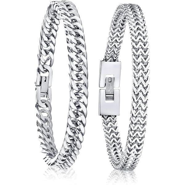 Lot De 2 Gourmettes Homme OIGWBPH - Acier Inoxydable, Mailles épaisses - Style Hip-hop, Punk - Noir Et Argent