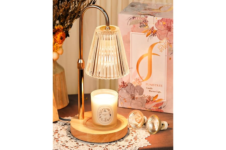 Funistree Candle Warmer Lamp with Timer & Dimmer, Height Adjustable Candle Warmer with 2 Bulbs, Birthday Gifts for Women Mum, New Home Gifts, Dimmable Candle Heater Lamp for Yankee Candles
