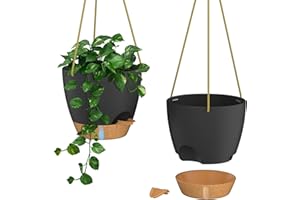 ZMTECH Pot à Plantes Suspendu Auto-arrosant de 20 cm avec Trous de Drainage et Soucoupe Pot à Fleurs en Plastique pour Plantes d'Intérieur et d'Extérieur (Noir, Lot de 2)