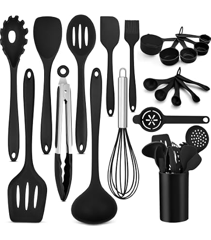 4 Cucchiai In Silicone Nero Per Cucina – Resistenti Al Calore, Antigraffio Per Pentole Antiaderenti, Manico Ergonomico