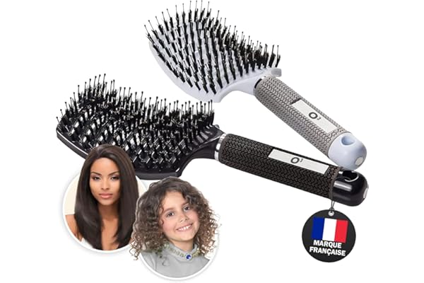 O³ Brosse Poil de Sanglier- 2 Brosses à Cheveux - Démélant Cheveux 100% Naturel