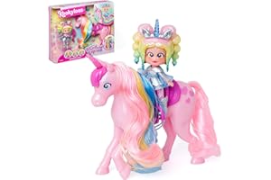 KOOKYLOOS Rainbow Unicorn – Unicornio con pelo real y muñeca Iris. Incluye el unicornio Rainbow, la muñeca Kookyloos exclusiva Iris, ropa y zapatos de moda, 1 cepillo y 1 accesorio