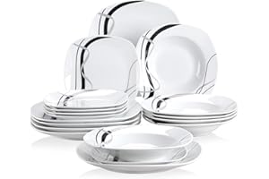 VEWEET 'Fiona' 18-Piece Dinner Set, Porcelain Tableware Set,Ivory White Black Lines Dinnerware Set of 6 * 9.75" Dinner Plate, 6 * 7.5" Dessert Plate, 6 * 8.5" Soup Plate, Service for 6