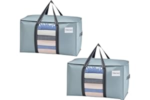 VENO 95 L Sac de Rangement Grand Pliables, Sacs de Déménagement Robustes avec Couvercle et Poignées Renforcées pour le Vêtement, Couettes et Linge de Lit, Sac à Linge(Bleu Clair, Lot de 2)