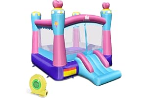 DREAMADE Château Gonflable de Princesse, Château Gonflable 3 en 1 avec Toboggan, Filet de Protection et Panier de Basket-Ball, Château Gonflable Portable avec Sac de Rangement (avec Gonfleur 450W)