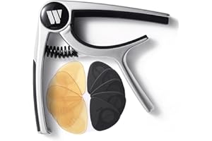 WINGO Capodastre pour guitare acoustique et électrique, ukulélé, mandoline, banjo – Argent avec 10 médiators antidérapants